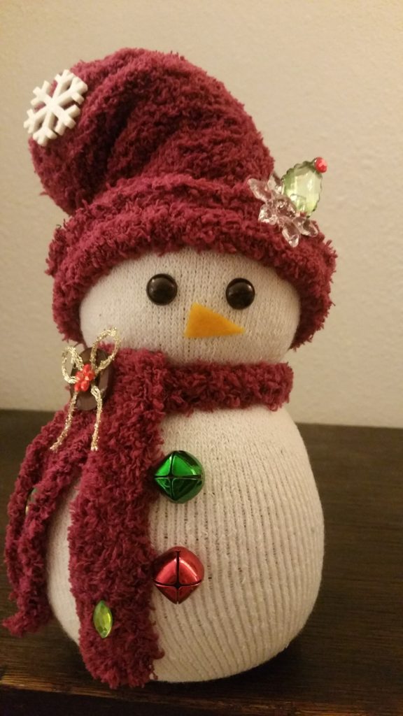 Making Christmas Decorations - Sock Snowmen: Sock Snowman with Red Hat and Bells as Buttons